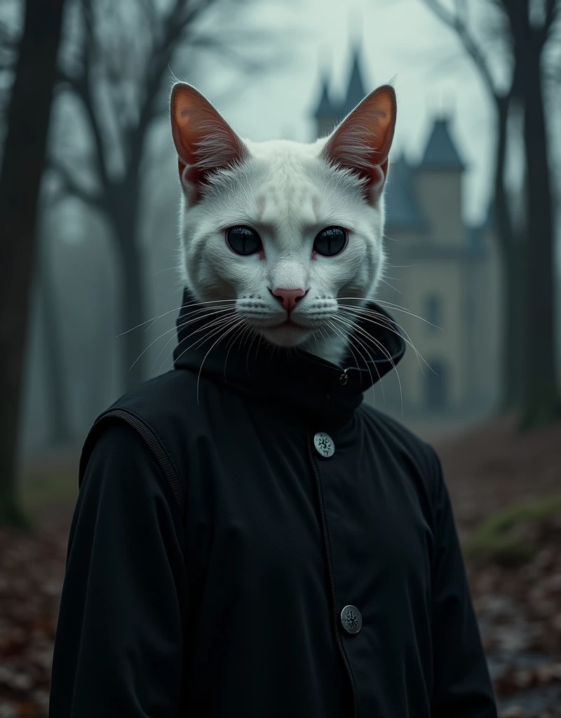 dark fantasy, White cat-man with completely black eyes and black clothes, dark forest and castle background