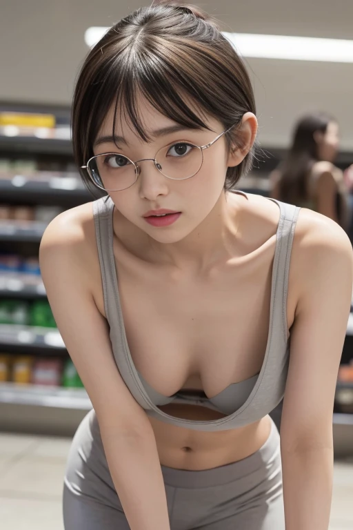 masterpiece, best quality, ultra quality, high quality, realistic, photo realistic,natural lighting,(cinematic lighting:1.4),RAW photo, hyper detailed, intricate detailed, perfect anatomy,(sharp focus:1.4), High level image quality, High resolution, BREAK 1girl,milf,35yo,Japanese,(slender abs:1.3),large hip,(camel toe:1.2),(Brown semi-long straight hair over one eye with bangs:1.2), (leaning forward:1.4),(smile),(blushing:1.3),teary eyes, BREAK (wearing loose White T-shirt:1.5),(lacered bra),(denim pants), BREAK (downblouse:1.5),(nipples slip:1.5),(cleavage:1.1), (looking at the floor, looking to the side, looking at another:1.4),(glasses:1.3),(realistic pale nipples), BREAK (in super market:1.5),(indoor),(shopping cart,Showcase),(mideum shot), ,from front, standing,(breast focus),