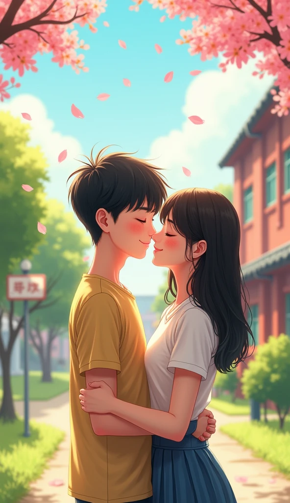 Far view, a boy and a girl are falling in love with each other, they look happy and peaceful, they are in highschool in Vietnam, a boy hug a girl, both they close their eye, comic picture