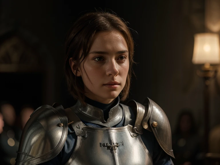 Joan of Arc, young, armor, battlefield, commanding, horse, French army, confident, cinematic, beautiful, realistic,17 years old,Jeanne d'Arc is wearing armor,He's on horseback and in command,(Best Quality,4k,8K,High Resolution,Masterpiece:1.2), Highly Detailed,(realistic,photo-realistic,photo-realistic:1.37), Portrait, Close-Up Shot, Jeanne d'Arc, Jeanne d'Arc, female knight, short brown hair, cinema lighting, vivid colors