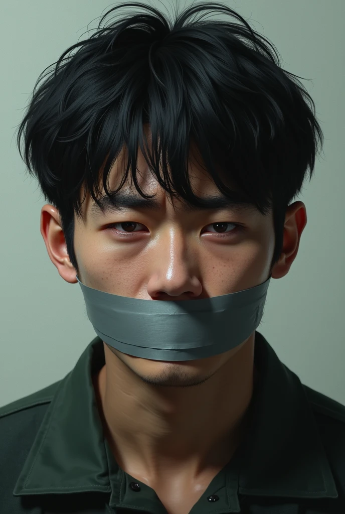 Handsome Japanese man crying with his mouth covered with duct tape