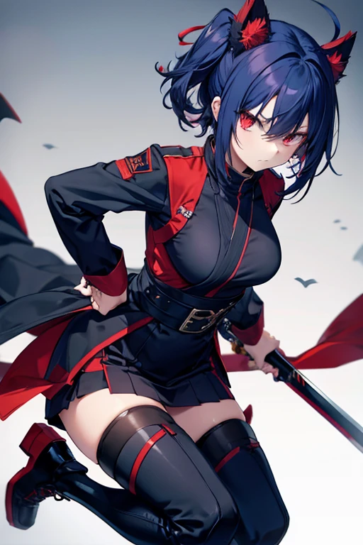 Red eyes, Bob Hair, Large Breasts, Navy Blue Hair, Inner Color, Black Ninja Uniform,anger, Holding the Sword,Ahoge, whole body　short boots,Demon Slayer-like action scenes