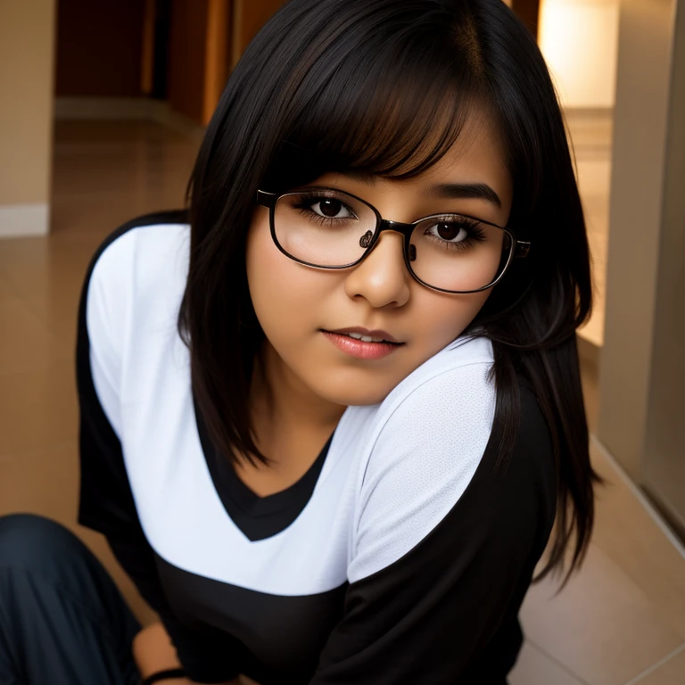 beautiful detailed, cute face, short, mexican teen, medium black hair, black hair over one eye, glasses, long-sleeved tucked in v neck T-shirt, long pants, solo, voluptuous breasts,