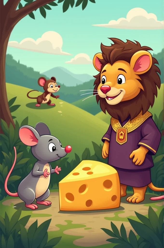 Two mice wanting to separate a cheese, se rendaient au près du lion qui les envoya chez le singe et se dernier mangea tout le fromage. Mais le roi les avais déjà prévenu que cela pouvait mal passer devant le juge et qu'il était mieux de réglé celà entre eux
