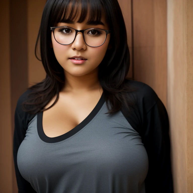 beautiful detailed, cute face, short, mexican teen, medium black hair, black hair over one eye, glasses, long-sleeved tucked in v neck T-shirt, long pants, solo, voluptuous breasts,