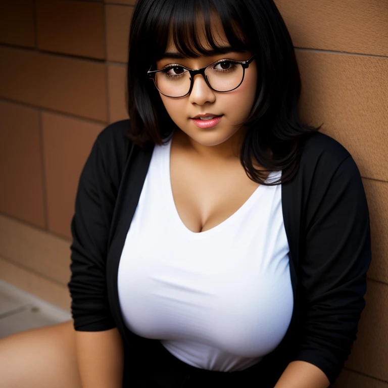 beautiful detailed, cute face, short, mexican teen, medium black hair, black hair over one eye, glasses, long-sleeved tucked in v neck T-shirt, long pants, solo, voluptuous breasts,