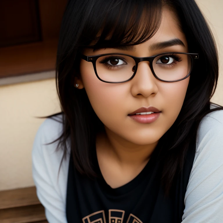 beautiful detailed, cute face, short, mexican teen, medium black hair, black hair over one eye, glasses, long-sleeved tucked in v neck T-shirt, long pants, solo, voluptuous breasts,