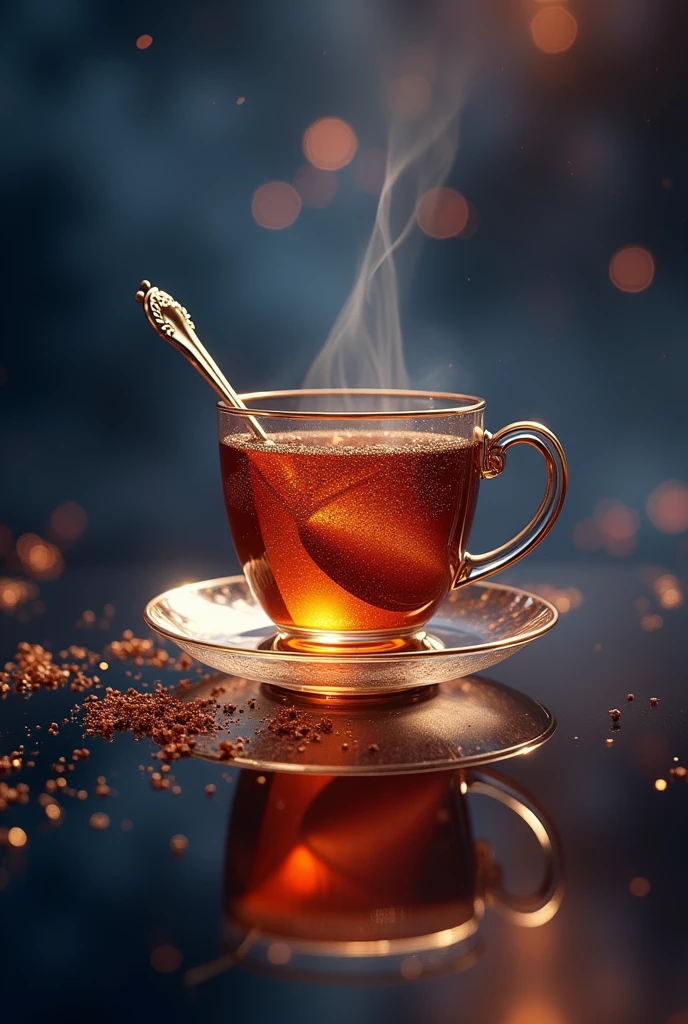 A luxurious tea spoon and a delicate tea cup set against a dazzling cosmic backdrop. The tea spoon, adorned with intricate patterns, and the finely crafted tea cup, filled with rich, aromatic tea that shimmers like stardust, float gracefully in space. The surface of the tea is gently rippling, and wisps of steam rise from it, adding a sense of warmth and freshness. Both items are bathed in ethereal, otherworldly light, with the cosmic scenery enhancing the elegance and grandeur of the scene. The overall composition combines high-class sophistication with the breathtaking beauty of the universe.