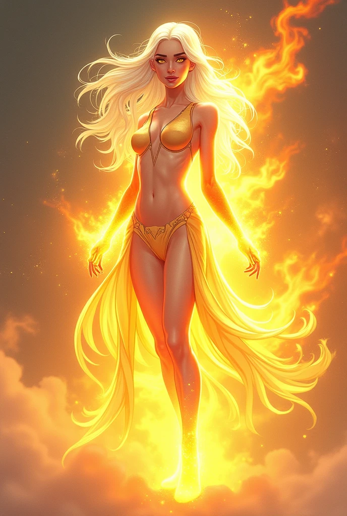 Create a detailed comic-style illustration of a superheroine named Lumina. She exudes an ethereal, radiant presence, standing with grace and confidence. Her skin has a soft golden glow, as if illuminated from within, reflecting light in a way that makes her seem almost otherworldly. Her long, flowing white hair cascades down her back, with the tips flickering in vibrant shades of orange and red, resembling living flames. Her eyes are bright yellow, glowing like pure light, giving her a mystical and captivating gaze. Lumina is dressed in a flowing outfit that constantly shifts colors between gold, orange, and red, evoking the warmth and energy of fire and sunlight. Her entire body emits a soft, warm glow, and when she activates her powers, this light intensifies, making the air around her shimmer with heat. The overall effect is a figure of radiant energy and fiery passion, embodying the power of light and flame.