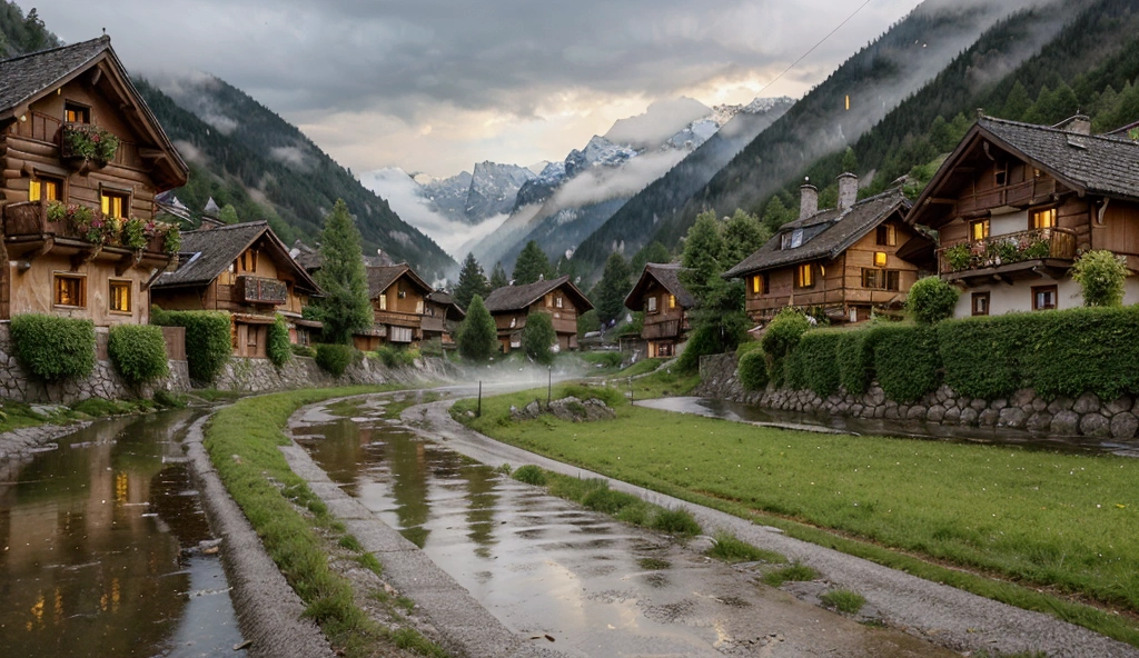 "A peaceful Swiss village nestled in the Alps during a gentle rain. Traditional wooden chalets with sloping roofs are surrounded by lush green meadows and tall pine trees. The cobblestone streets are wet from the rain, reflecting the soft golden glow of lanterns. In the distance, mist rises from the mountains, partially obscuring their snowy peaks. A small stream runs through the village, its water sparkling with raindrops. The sky is overcast, with dark clouds hinting at more rain to come, while the village remains tranquil, evoking a sense of serenity and calm."