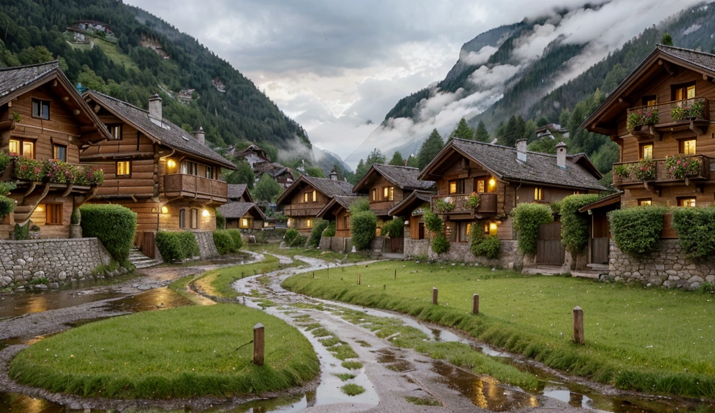 "A peaceful Swiss village nestled in the Alps during a gentle rain. Traditional wooden chalets with sloping roofs are surrounded by lush green meadows and tall pine trees. The cobblestone streets are wet from the rain, reflecting the soft golden glow of lanterns. In the distance, mist rises from the mountains, partially obscuring their snowy peaks. A small stream runs through the village, its water sparkling with raindrops. The sky is overcast, with dark clouds hinting at more rain to come, while the village remains tranquil, evoking a sense of serenity and calm."