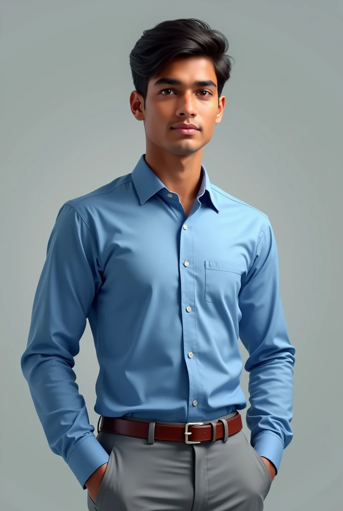 Realistic 22 years old Indian boy wearing formal blue shirt and silver pant