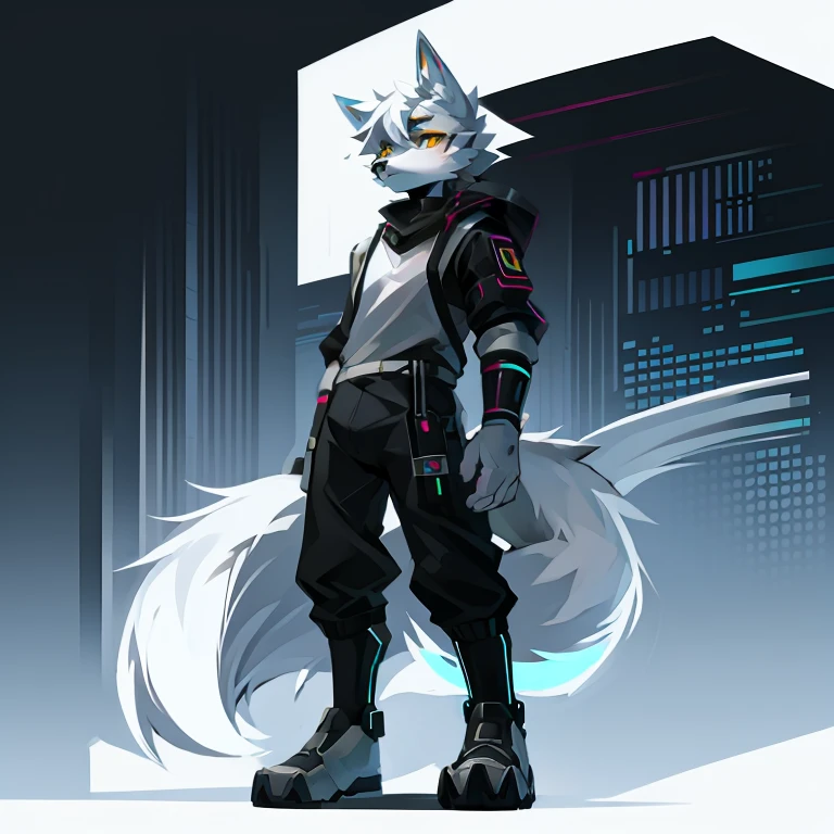cyber punk perssonage，epcot，Tech style，solo person，White body，White ears，White hair，Overall white，Orange-yellow eyes，Wolf tail，Wolf orcs，Young，Wear a short-sleeved shirt，Ultra-clear screen，Soft lines