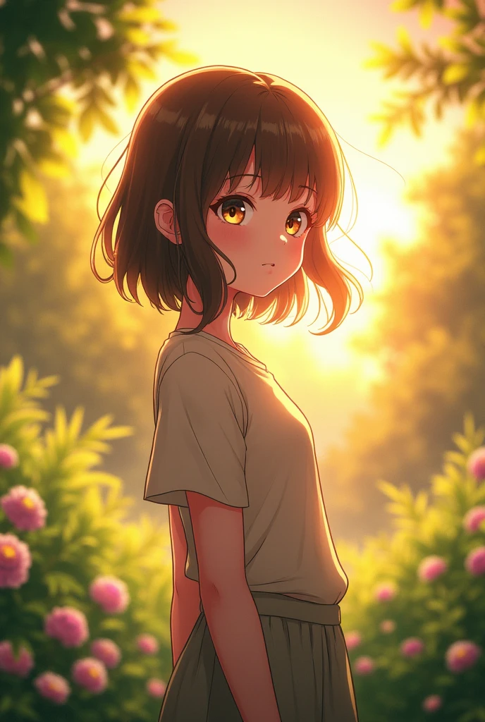 "Create a realistic anime-style portrait of a young character standing in a peaceful garden during the golden hour. The character has expressive eyes that reflect the soft light of the setting sun, with detailed and naturalistic features blending anime aesthetics with realism. The background features lush greenery, flowers in bloom, and a gentle breeze that lightly moves the character's hair. The overall atmosphere should be warm, serene, and slightly nostalgic, with vibrant yet soft colors that enhance the mood."