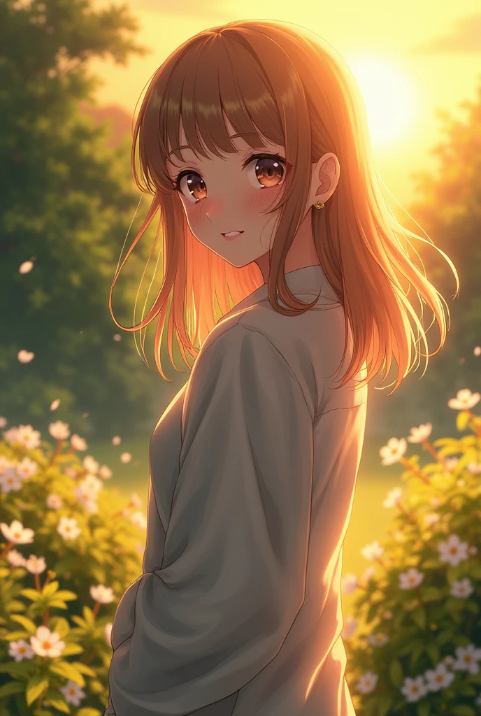 "Create a realistic anime-style portrait of a young character standing in a peaceful garden during the golden hour. The character has expressive eyes that reflect the soft light of the setting sun, with detailed and naturalistic features blending anime aesthetics with realism. The background features lush greenery, flowers in bloom, and a gentle breeze that lightly moves the character's hair. The overall atmosphere should be warm, serene, and slightly nostalgic, with vibrant yet soft colors that enhance the mood."