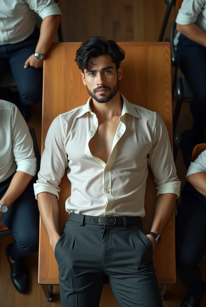 Asian man, 30 years old, Handsome and elegant,beardless, Wearing a transparent shirt, sexy , Masculine and handsome,musculous,Muscles look good,hairy bodies, with fair skin,, Full body photo,(ultra-detailed, photorealistic, best quality, 4k, 8k, highres, masterpiece:1.3), charming , (muscular build body), wearing tailored shiny dress shirt, with the top button casually undone, perfectly fitted charcoal trousers, sweat, unbutton buttons shirt, lewd face ,tight chest, sex, erotic, horny, Accessories include a luxury wristwatch in the Classroom,looking at viewer,muscle veins, sexy posing,lying on your back in classroom,top view,surrounded by boys