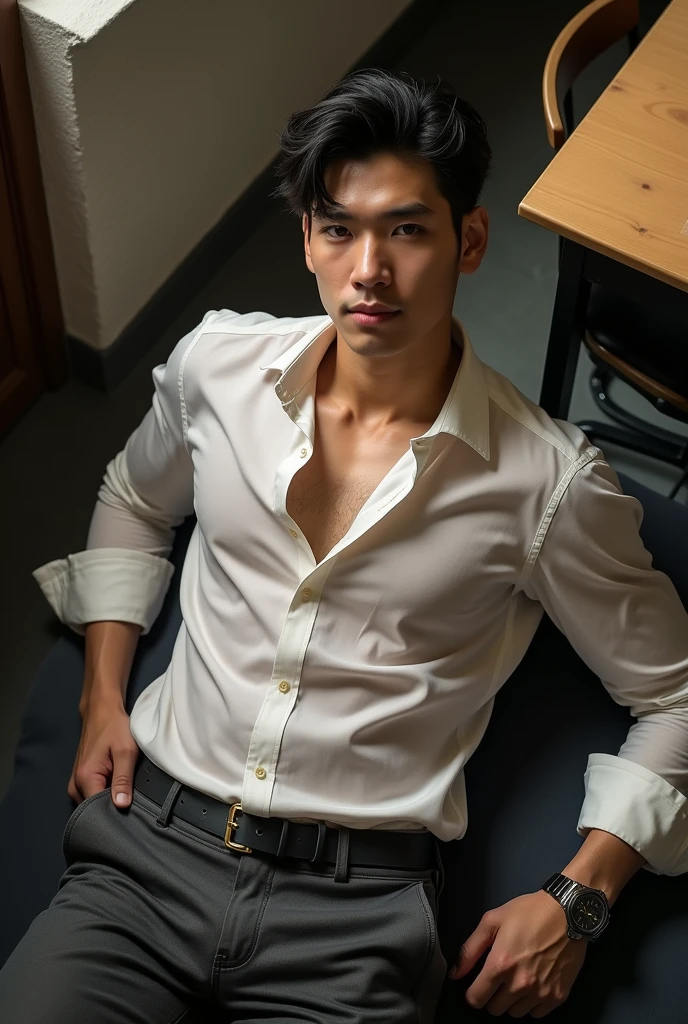 Asian man, 30 years old, Handsome and elegant,beardless, Wearing a  transparent shirt,  , Masculine and handsome，musculous，Muscles look good，hairy bodies, with fair skin,, Full body photo,(ultra-detailed, photorealistic, best quality, 4k, 8k, highres, masterpiece:1.3), charming  , (muscular build body), wearing tailored shiny  dress shirt, with the top button casually undone, perfectly fitted charcoal trousers, sweat, unbutton buttons shirt,  face ,tight , , , ,  Accessories include a luxury wristwatch in the Classroom‎,looking at viewer,muscle veins,  posing,lying on your back in classroom,top view,surrounded by boys