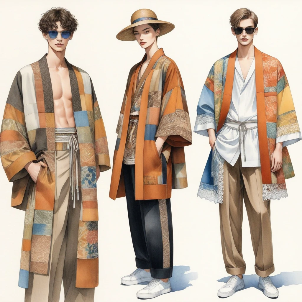 candid fashion illustration a Multiple young man and girl, aged 18-23 year old, tall and slender, Mixed race male super model, ((showcase fashionable Lenin outfits inspired by designer Dris Van Noten resort collection)), in elegant modern Mixed patchwork or collage of ethnic cloth details, e-co print, natural Earth tone color. The 1st man wears an oversized shirt with embroidery and lace details, paired with slim-fit Pants. The 2nd man complements him in a shirt decorate with lace and an oversized Yukata Jacket with ethnic woven details, paired with big striped Drawstring short. a woman wears patchwork dress with frill-trimmed and neckline with minimal style, (all completes the look with white sneakers, an accessorizes with a wide-brimmed straw hat, sunglass. Captured in a ((full-body image)), simple model pose, ((simple water-color paint on white paper background)), realistic pencil lines, imperfect drawing, charcoal lines detail, fading sketch, fashion Sketching, low angle view, (full body image), Dris Van Noten.