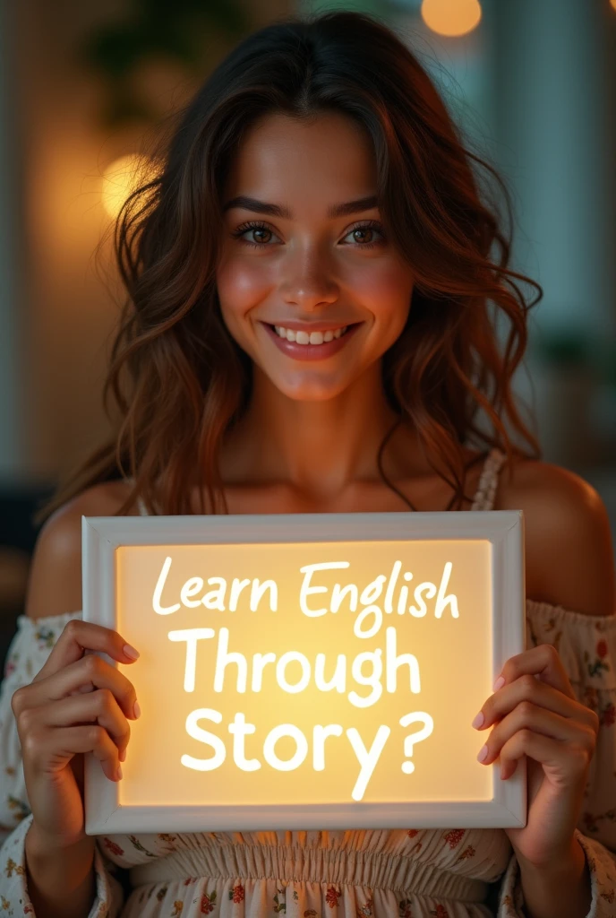 Beautiful girl with heart-warming smile and wavy long hair, bohemian dress, holding a white board with text "learn English Through Story" and showing it to the viewer, the board is glowing with the text.