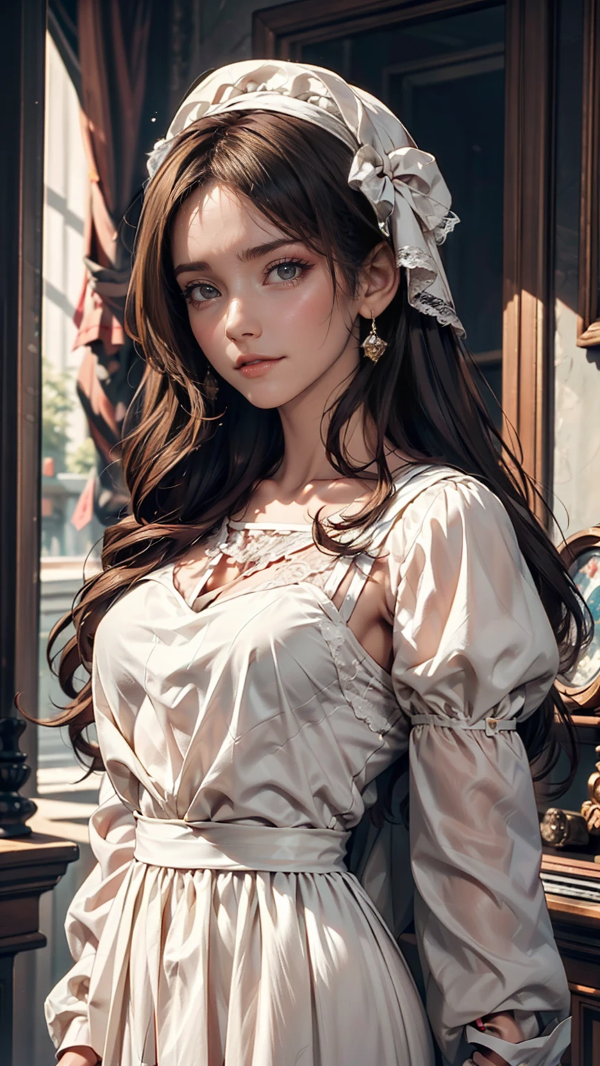 A girl in a white lace dress with Leonardo da Vinci's notes in the background、Image of À la Fed, A stunningly young and elegant person, Magical Girl Portrait, Portrait of a Young Witch girl, Girl in steampunk clothes, Musician girl in lace clothes, Natalia Dyer, Dafne Keen, Portrait of a Young Witch, Girl with magical powers, Inspired by Irakli Nadar, Inspired by William Mastester Lockhart, Highest quality, detailed, detailed, masterpiece, high resolution