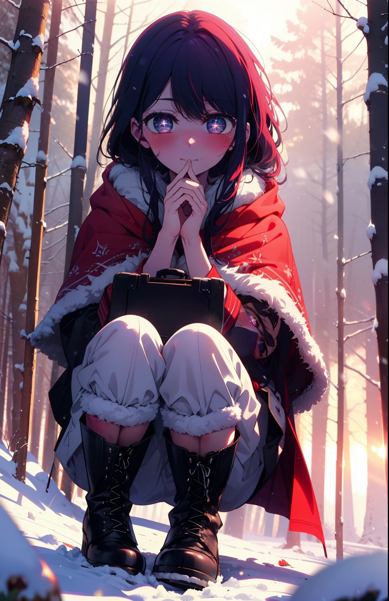 aihoshino, Ai Hoshino, Long Hair, bangs, (Purple eyes:1.1), Purple Hair, (Symbol-shaped pupil:1.5), smile,,smile,blush,white breath,
Open your mouth,snow,Ground bonfire, Outdoor, boots, snowing, From the side, wood, suitcase, Cape, Blurred, , forest, White handbag, nature,  Squat, Mouth closed, Cape, winter, Written boundary depth, Black shoes, red Cape break looking at viewer, Upper Body, whole body, break Outdoor, forest, nature, break (masterpiece:1.2), Highest quality, High resolution, unity 8k wallpaper, (shape:0.8), (Beautiful and beautiful eyes:1.6), Highly detailed face, Perfect lighting, Highly detailed CG, (Perfect hands, Perfect Anatomy),