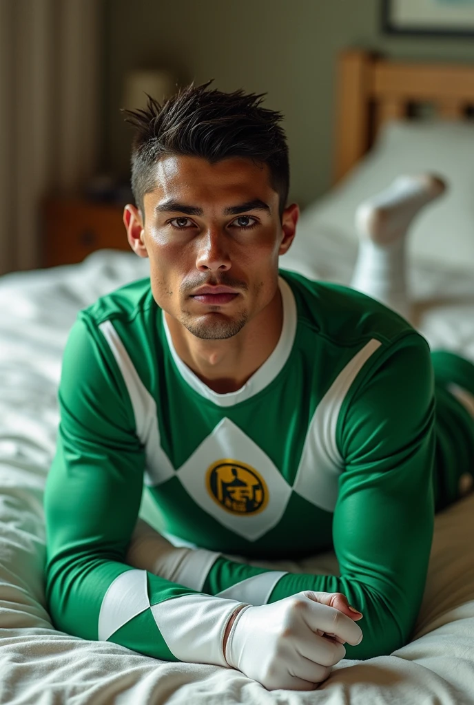 Cr7 traje del green ranger mighty morphin(without helmet) , lying on a bed, Without beard, looking to the camera, not so dark