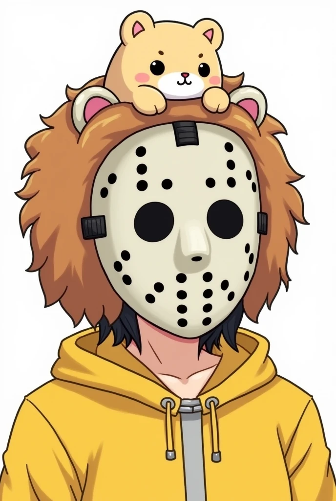 ＃ To meet the following conditions、Create an image of a person wearing a hockey mask on their face. The person has black hair.。
The person is wearing a lion headgear.、There is also a chinchilla on top of it. Please make the illustration in a cartoon style. The person is wearing a yellow hoodie.
