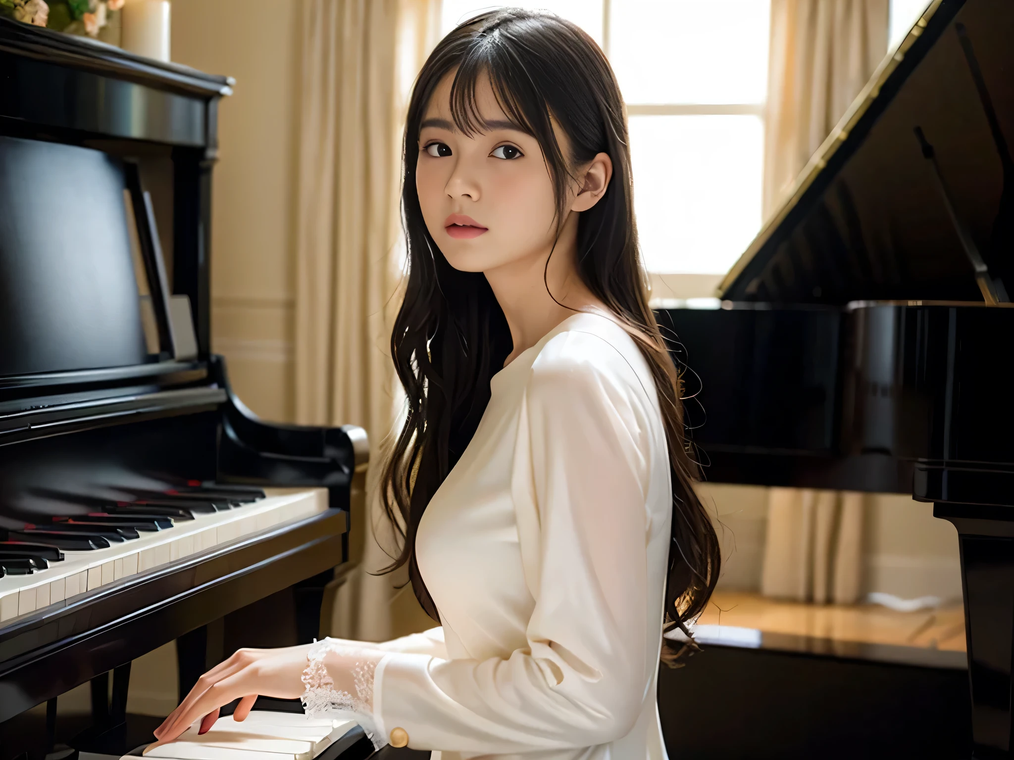 (( Behind the girl is a low table.There is a vase full of flowers on the table))(1 girl)、best quality、masterpiece、ultra high resolution、(Photo realism:1.4)、original photo、(1 girl facing black piano、Straight, black hair、Delicate hair details)、(a black piano、Girl fingers on piano keys、Delicate finger details)shadow、octane rendering、8K、Super sharp、(breast、long sleeve、White tulle、Portrait silk pajamas、Delicate silk details)、(Girl playing piano fingers、Very fine finger details)、realistic light、(There is only one piano in the practice room、girl shining eyes、Looking in the direction of the piano)、小LED、(Girl turning sideways towards the piano.Playing piano with hands on keys.Delicate details of fingers on piano keys)