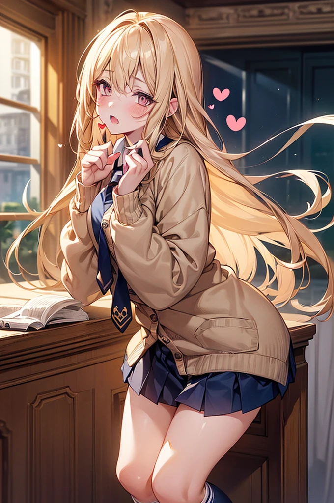 Browsing Caution,(Highest quality, 8k, masterpiece:1.3,beautiful girl), (Very detailed)Glowing Skin,(((Long Hair,blonde,Beautiful Hair))),(Perfect Anatomy, Anatomically correct, Very detailed肌),((Golden Eyes)),((Perfect Fingers,Five Fingers)),((Light blue collared shirt, Navy pleated mini skirt, socks, Navy tie, Light brown cardigan, White knee socks)), Pink Panties, School,library, Knee-high socks, Dynamic Angle,(((Vulgarity))),Embarrassed expression,Knee-high socks on both feet,Double teeth,(((Heart symbol on eye))),I'm Climax,Big Breasts,Big Ass,Peace sign with both hands,Thin pubic hair,Plump body,Big hearts in the pupils,Card game style,Confession status,Tears of joy,Light pours in through the window,Moe sleeves
