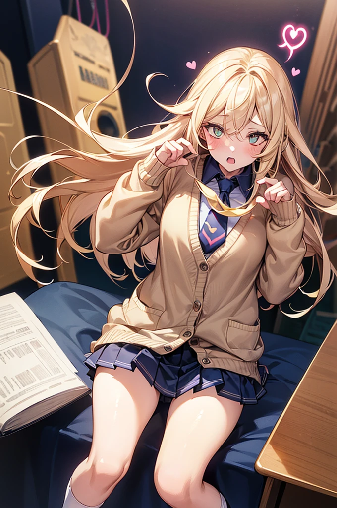 Browsing Caution,​(Highest quality, 8k, masterpiece:1.3,beautiful girl), (Very detailed)Glowing Skin,(((Long Hair,blonde,Beautiful Hair))),(Perfect Anatomy, Anatomically correct, Very detailed肌),((Golden Eyes)),((Perfect Fingers,Five Fingers)),((Light blue collared shirt, Navy pleated mini skirt, socks, Navy tie, Light brown cardigan, White knee socks)), Pink Panties, School,library, Knee-high socks, Dynamic Angle,(((Vulgarity))),Embarrassed expression,Knee-high socks on both feet,Double teeth,(((Heart symbol on eye))),I&#39;m Climax,Big Breasts,Big Ass,Peace sign with both hands,Thin pubic hair,Plump body,Big hearts in the pupils,Card game style,Confession status,Tears of joy,Light pours in through the window,Moe sleeves