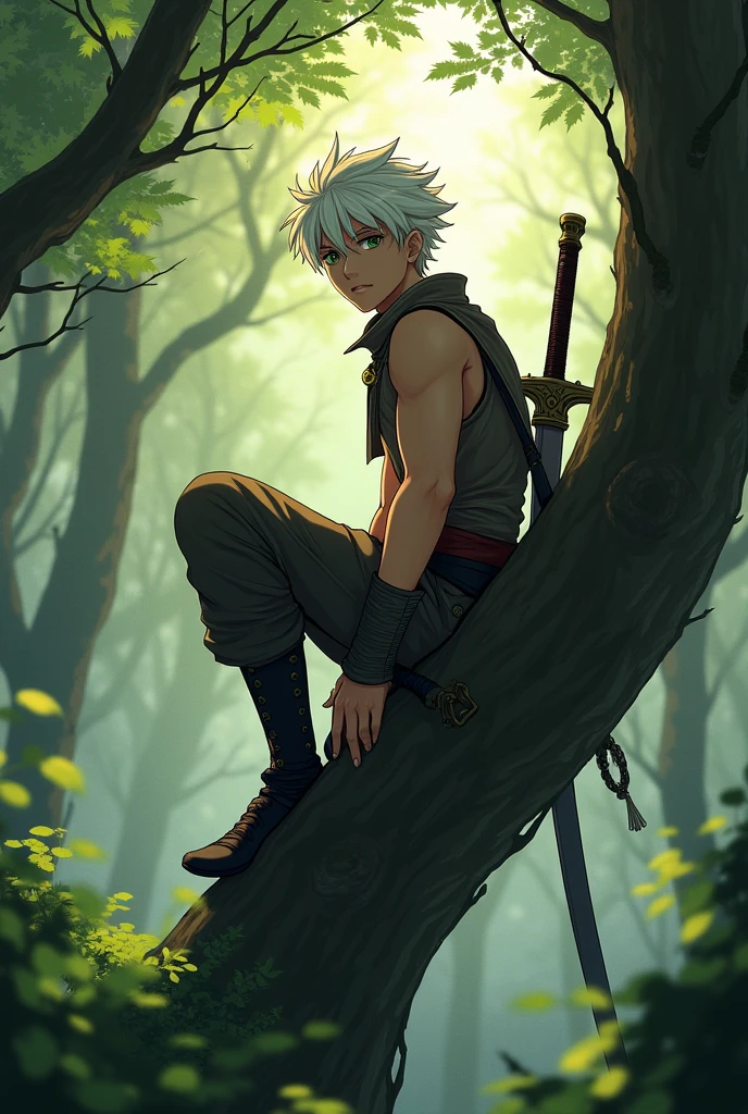 A ten-eight year old teenager with white hair and green eyes who wears a sleeveless swordsman outfit and is sitting on a tree with a serious face and his sword is behind his back.