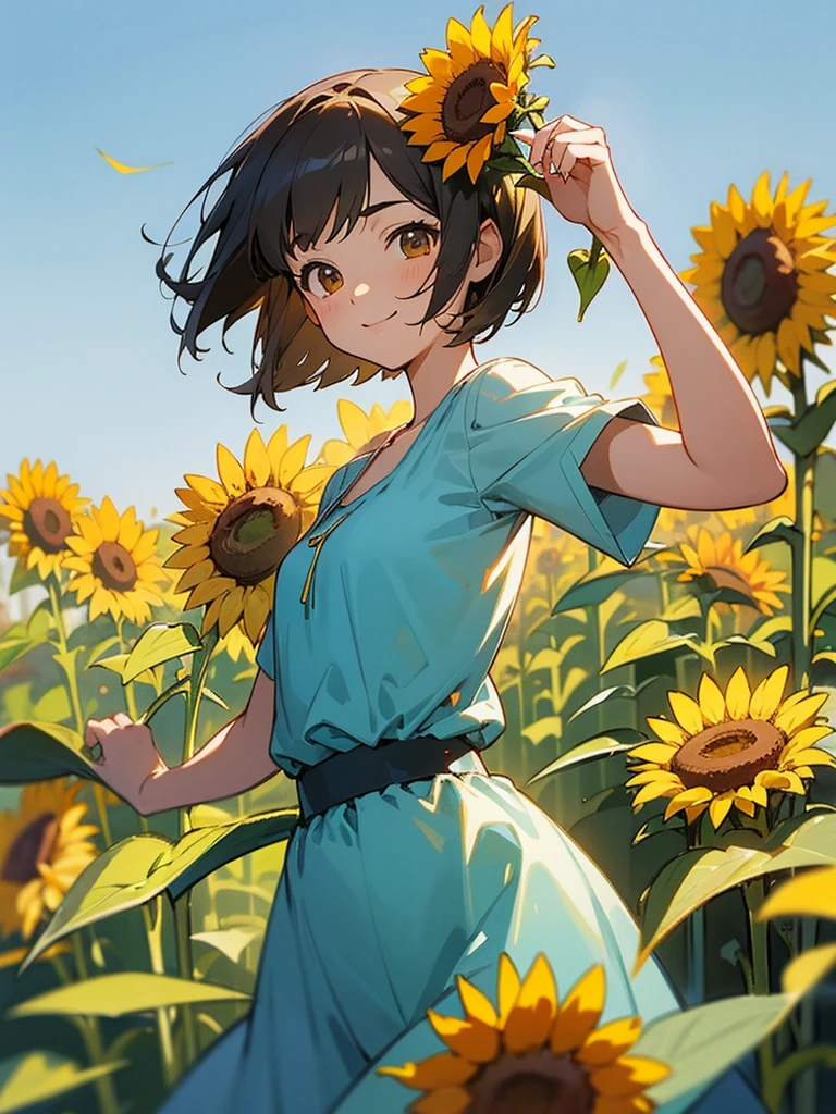 master piece, best quality, for below, cinematic angle, upper body , pigeon toed,
Anime-style Moe illustration, summer vacation theme, 20-year-old woman, sunflower field, short hair,
Picnic Maxi Dress, slightly inner thighs, smile, accurate drawing, Active pose, Active Angle,