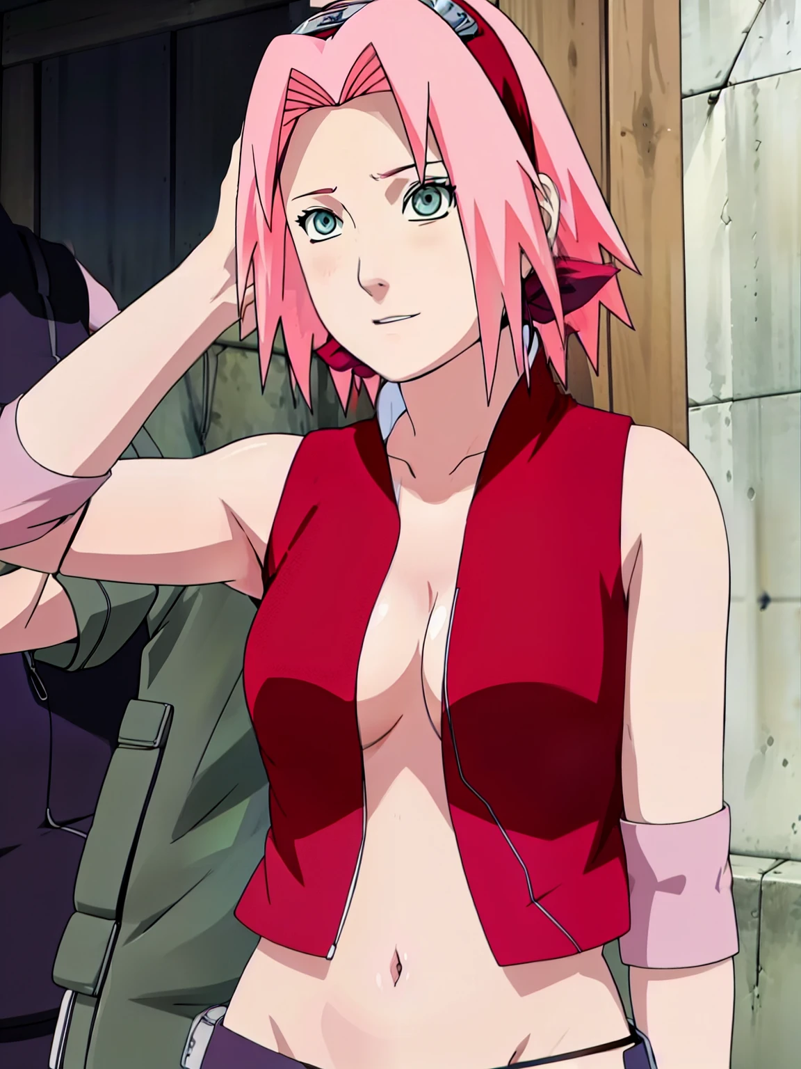 Sakura Haruno showing visible armpit open blouse open zipper ripped blouse open shirt ripped shirt showing chest visible breasts and sexy belly visible.