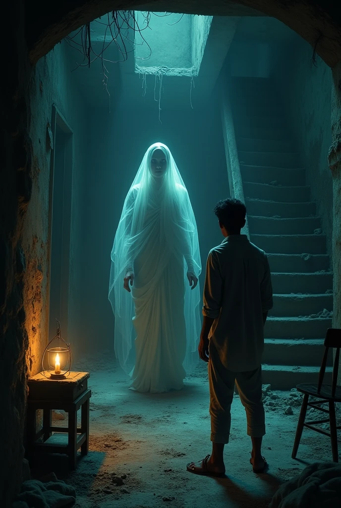 A young man named Ravi is standing in an old, abandoned house at midnight. The room is dark, with only a flickering candle and a lantern illuminating the space. There is an eerie, cold atmosphere, and a creaky wooden floor. A ghostly figure of an old woman, dressed in a traditional sari, appears near an ancient, slightly swinging wooden chair. The ghost is transparent and ethereal, with a calm yet sorrowful expression. The background includes dusty, cobweb-covered furniture and an old staircase leading to an upper floor. The overall mood is mysterious and slightly ominous."
