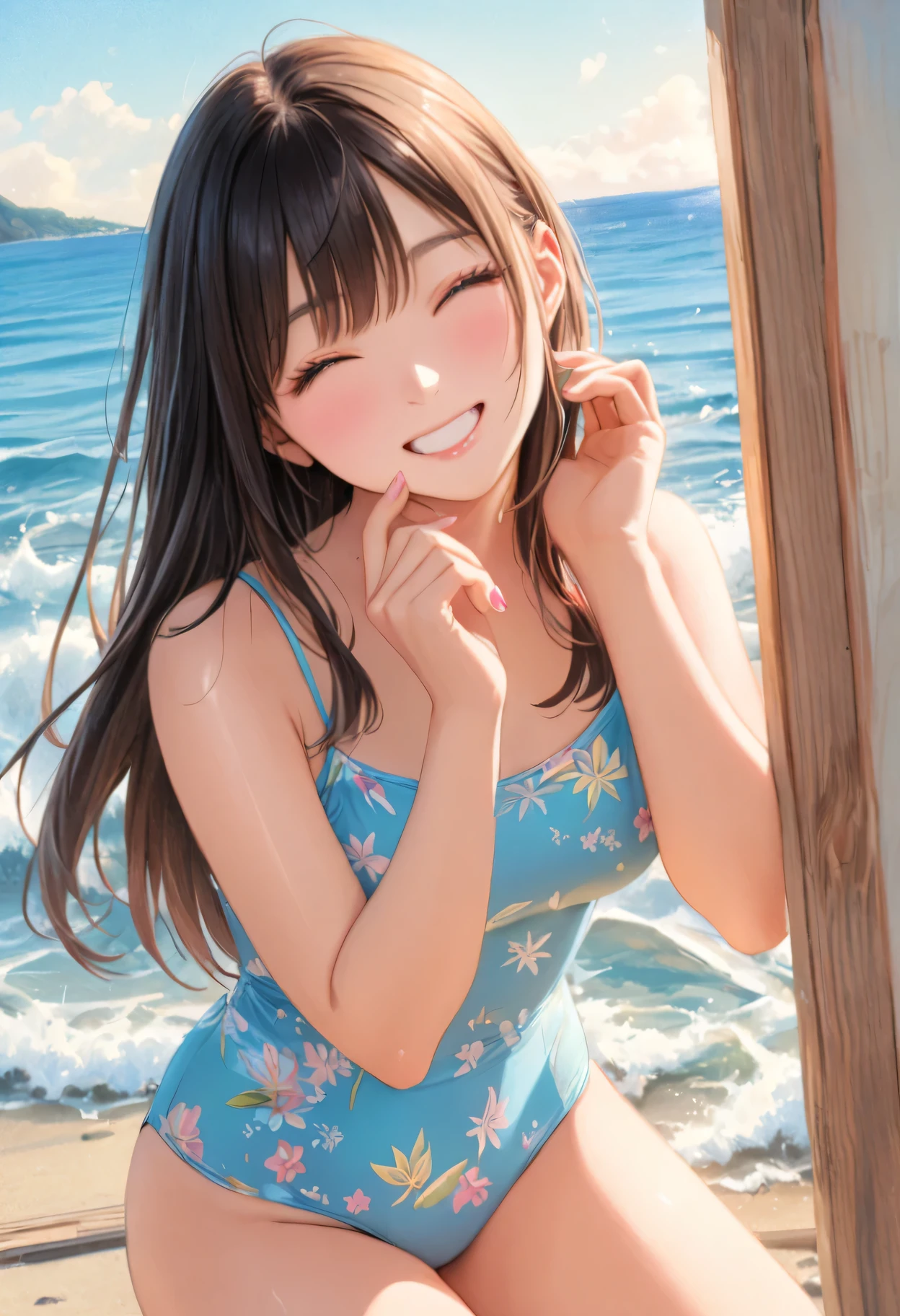  Beautiful girl，Summer sea theme，art，advertisement，Colored pencil drawing，draft 、Cute swimwear,　Beautiful Face、Kanna Hashimoto、Close your eyes and smile、Masterpiece、Ultra high definition、