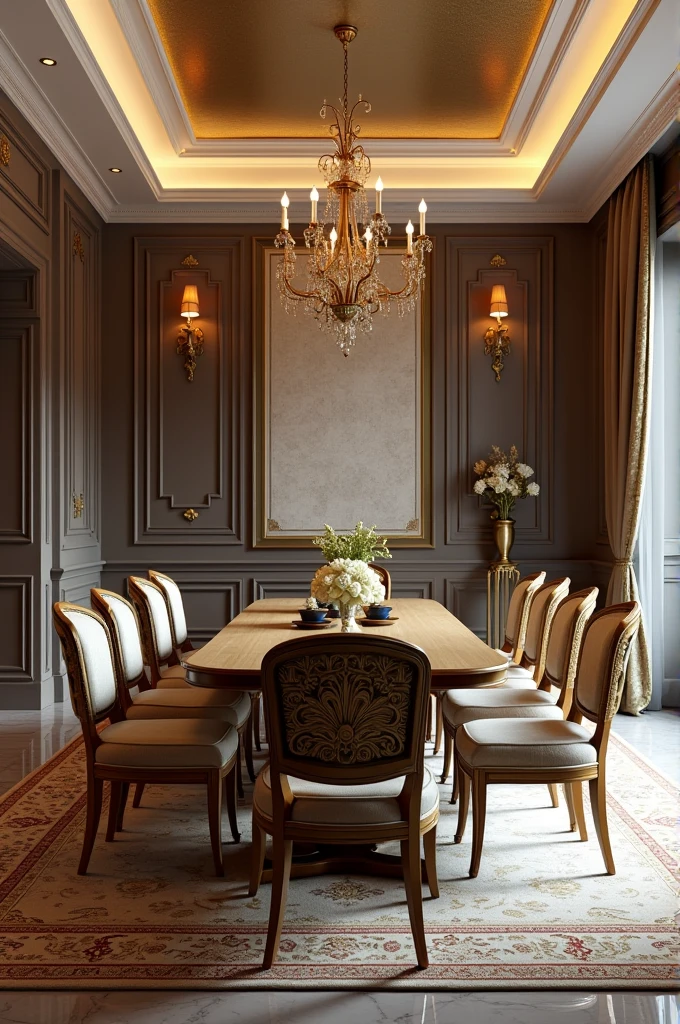 Professional 3d architecture rendering design of modern and  gold French design for living room and dining room with elegant wooden with gold dining table and eight  elegant French chairs and silk Persian carpet and elegant curtains and clothes wall 