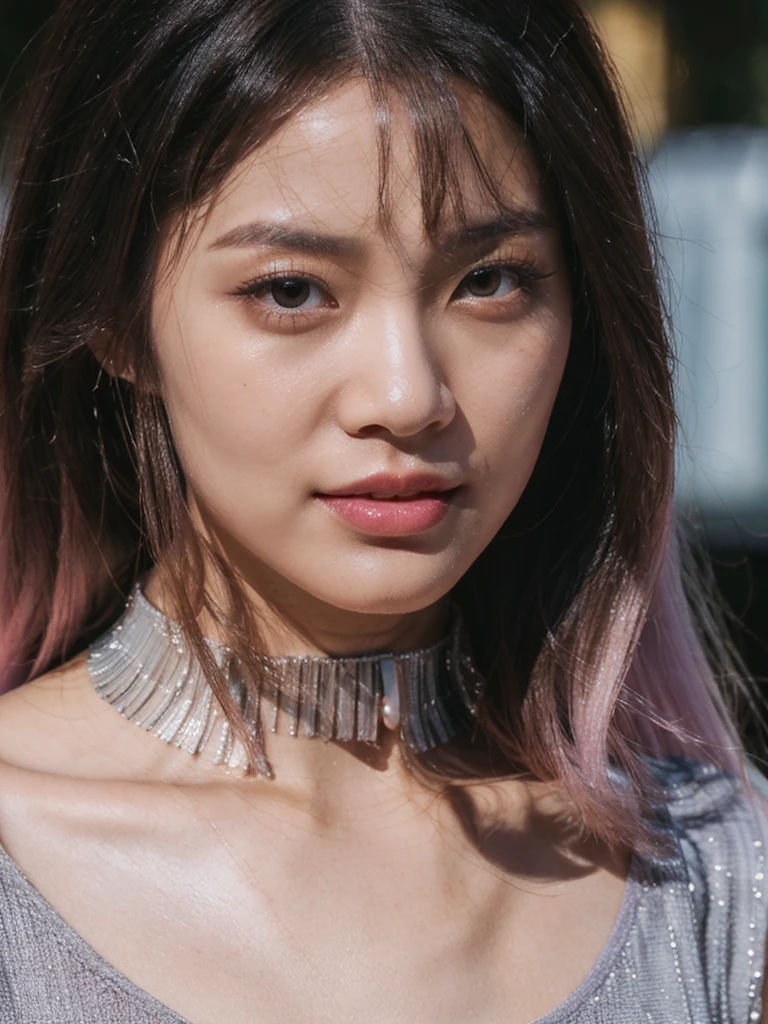 (8K, raw image, realistic:1.25) ,( Lip balm, eyelash, shiny face, shiny skin, best quality, very high, depth of field, Chromatic aberration, Corrosive substances, wide light, natural shading,kpop idols) She looked at the audience with the calmness of a goddess.,