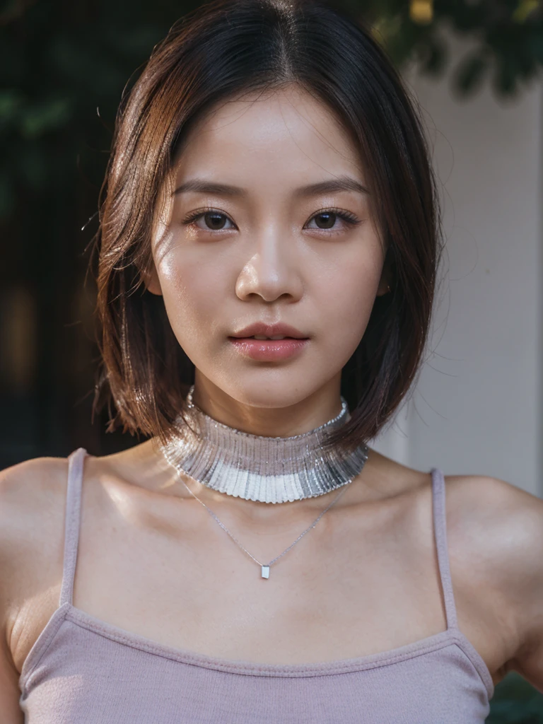 Prompt: Inspired by Michelle Chen (Michelle Chen), beautiful and attractive girl, 25-year-old Thai-Chinese girl, 162-centimeter height, natural-ivory skin tone, perfect face, small eyes, black eyes, ((Chinese droopy and monolid-eyes)), (clear-detailed eyes), centered-focus eyes, natural-gloss full lips, no-makeup looks, (2024 new-trend long bob haircut), ((pink, lavender and silver highlights on black hair)), (clear-detailed hairs), free the nipples, narrow shoulders, long neck, slim waist, rich-detailed skin texture, skin detention, (white crop-tops), high-waist blue skinny-denim, ((too-tight black color heart choker)), ((fine-detailed choker)), talk to the camera, sexy and funny in her eyes, studio portraiture, studio lighting, HDR, side view