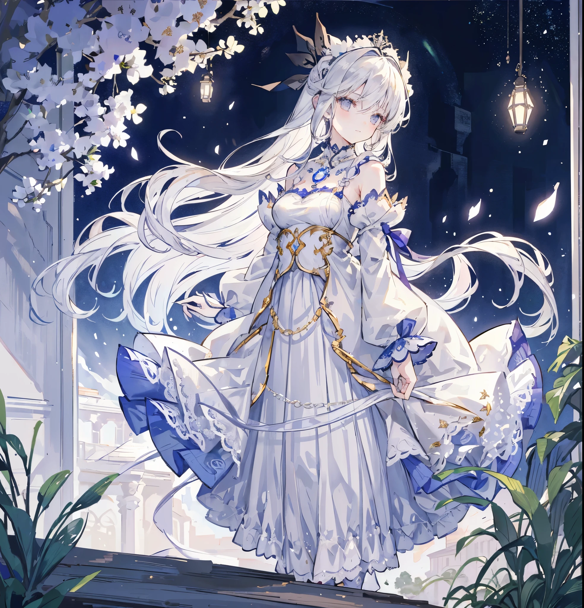 (masterpiece), (Highest quality), (1 girl)), wonderful, Beautiful details in the eyes, The finer details, Depth of written boundary, original, (Highest quality), (Very detailed), (Best illustrations), (best Lighting, Best Shadow), (Very delicate and beautiful)), Very detailed壁紙, Dream Background, from the front, landscape, Young girl, change, whole body, Long white hair, ((Grey Eyes)), Beautiful attention to detail, Medium chest, (((Cobalt Long Skirt)), Fluffy long sleeves, hair accessory, necklace, summer, Light, Light makeup, Outdoor, The wind is blowing, floating, Giggling, Wet, Hello, magic circle, On top of the cabinet