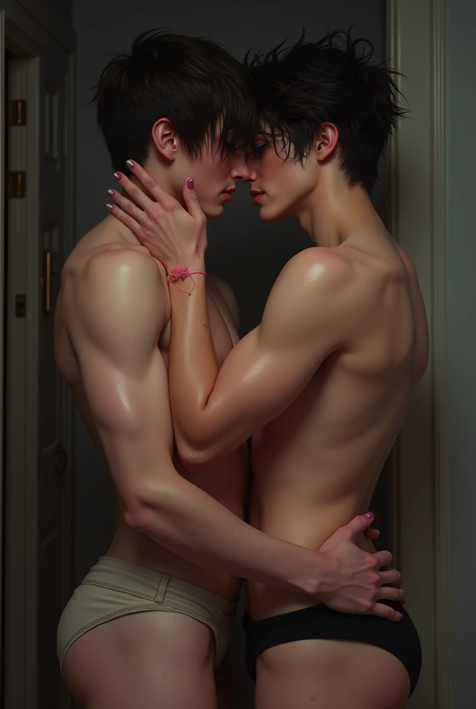 twink, gay, emo, wearing no shirt, Unclothed, hugging another gay emo, naughty man, sexly, very sweaty, hair in the armpit, just in underwear