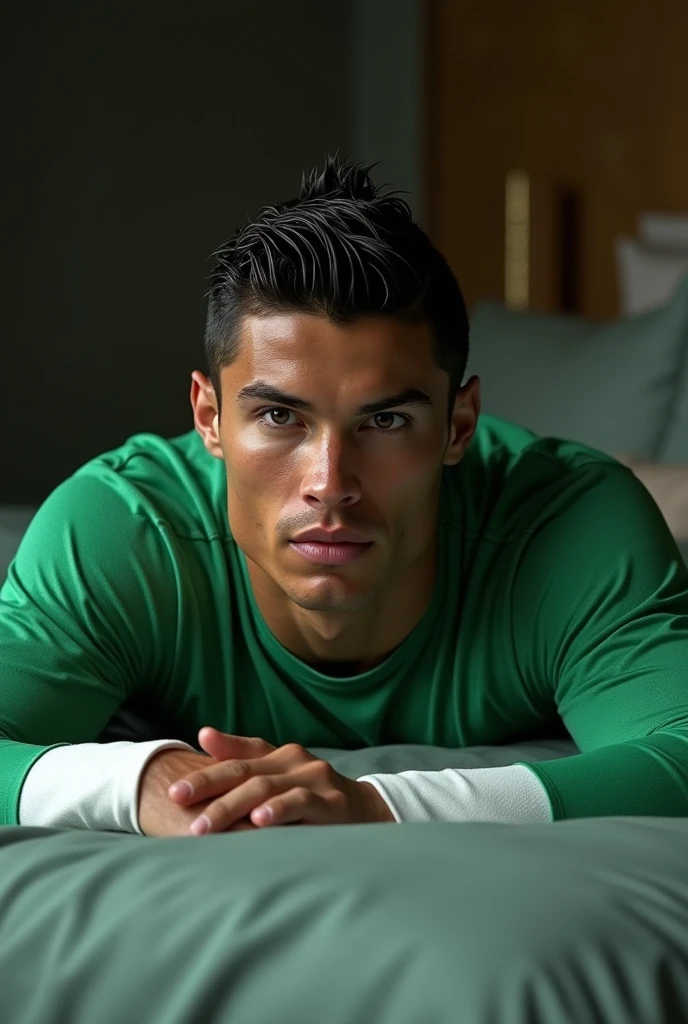 Cr7 traje del green ranger mighty morphin(without helmet) , lying on a bed, Without beard, looking to the camera, not so dark
