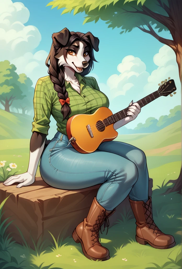 score_9, score_8_up, score_7_up, from the author: Wyla
anthropomorphic furry female borler collie, amber eyes, long black hair braided, Black fur, large breasts, wide hips, she is wearing a green plaid shirt, denim jeans, brown cowboy boots, outdoors, in a field, sitting under a tree, holding a guitar, playing the guitar, close-up view, view from top to bottom