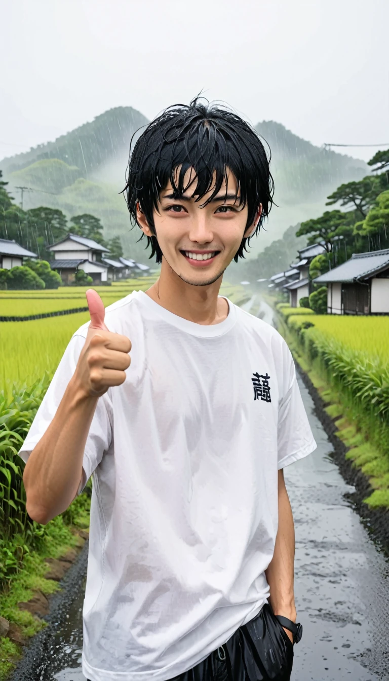 White T-shirt、male、24-years-old、background、Japanese、Black Hair、Bobcut、hand、Thumbs up、rain、Japanese countryside。