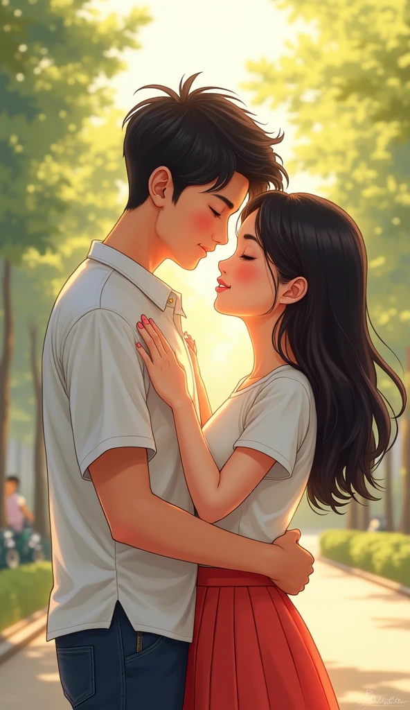 Far view, a boy and a girl are falling in love with each other, they look happy and peaceful, they are in highschool in Vietnam, a boy hug a girl, both they close their eye, the boy is tall and sturdy, the girl is pretty and flawless, comic picture