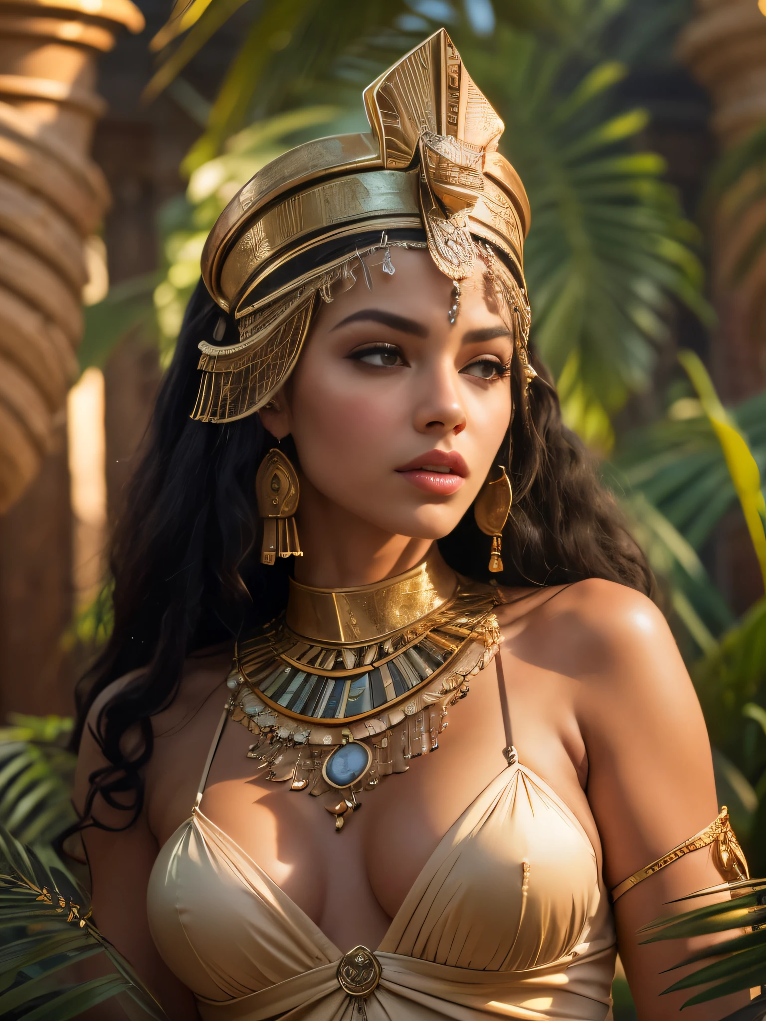 cleopatra, Woman with slightly generous curves. hot and beautiful european woman. 23 year old. Chest size 100DD.neckleace. reclining in an oasis, surrounded by lush vegetation and palm trees, wearing an ornate headdress and jewelry, Serene and confident expression, (best qualityer,4K,8k,high resolution,work of art:1.2),ultra detali,(realisitic,photorealisitic,photo-realisitic:1.37),8k, HDR, studio lighting, extremly detailed face and eyes, perfect  skin, ornate egyptian style, dramatic lighting, Warm Color Palette, film composition