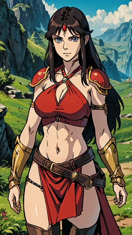 (1girl, Belit), (extremely detailed CG unit 8k wallpaper),(master part), (best quality), (ultra detail), (best illustration),(Fantasy Style), cowboy shot, (Sharp eyeliner, ombre, detailed eyes:1), middle earth, outdoors background,break , (ghibli style), upper body, criss-cross halter, pelvic curtain, belt, tattoo, pauldrons, shoulder armor, thigh boots,