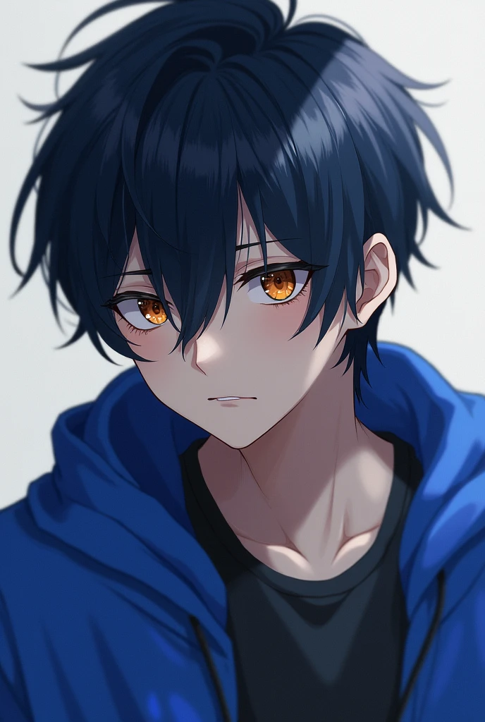 The character is a slightly tired-looking young man with dark, bluish hair and amber eyes. He wears bright blue jacket. He has side swept curtain bang hairstyle.