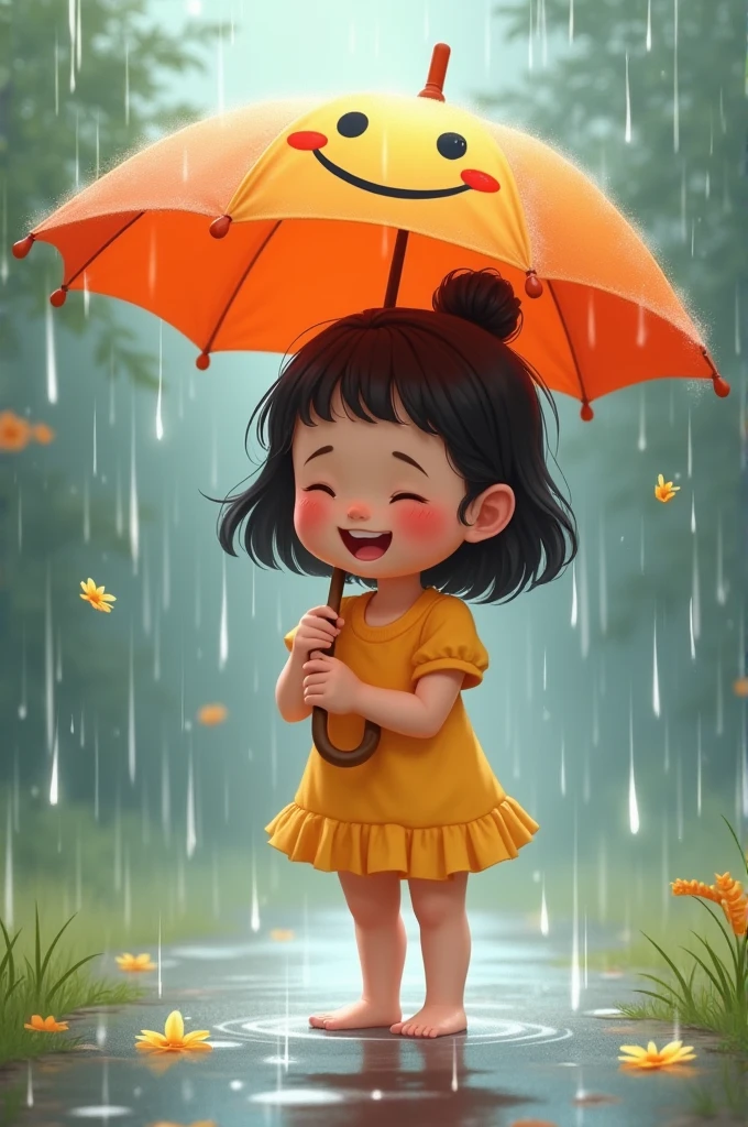 A girl in rain with umbrella , smiley face, catching rain drops