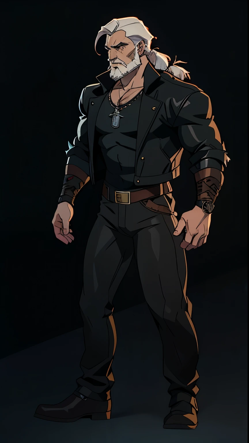 henry cavill, the witcher inspired face,with beard, full body , front view, character description: [Handsome, mature adult male, stroger, athletic body, "long white hair Mullet" style white  hair , "Schott NYC Perfecto" style black leather jacket, just simple black t-shirt underneath the jacket, necklace falling across his chest with a bullet, black pants with a belt, silver buckle]black watch in left hand