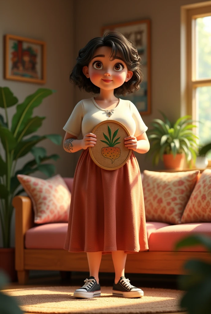 Make a Pixar-style movie poster, in 3d, with the following characteristics: full body white woman, curvilinear, with medium eyebrow, wide smile, very short curly dark brown hair, dark brown eyes, little chin, flower tattoo on right forearm, with a wooden embroidery in hand, in a rustic room, cozily, com plantas, Mattire, sofa and pillows. She is wearing a midi-length skirt., blouse with sleeves and all stars.